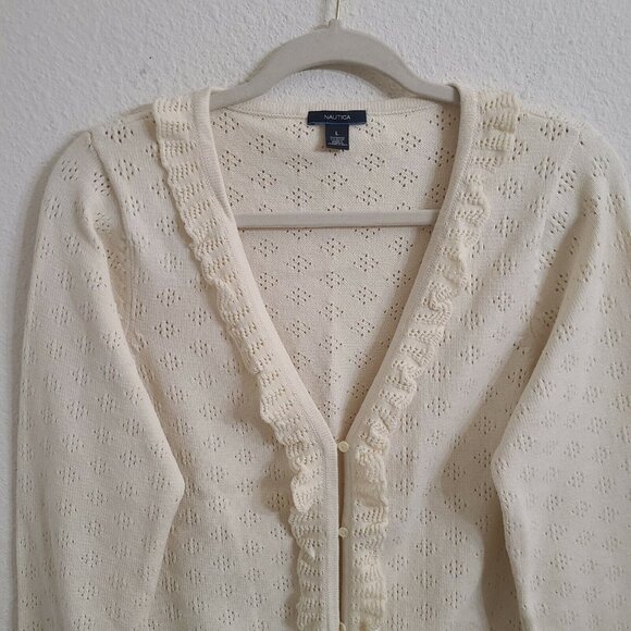 Nautica Ivory V-Neck Button Up Ruffled Long Sleeve Cardigan Sweater sz L - Picture 4 of 6